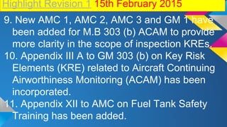 Highlight Revision 1 15th February 2015
9. New AMC 1, AMC 2, AMC 3 and GM 1 have
been added for M.B 303 (b) ACAM to provide
more clarity in the scope of inspection KREs.
10. Appendix III A to GM 303 (b) on Key Risk
Elements (KRE) related to Aircraft Continuing
Airworthiness Monitoring (ACAM) has been
incorporated.
11. Appendix XII to AMC on Fuel Tank Safety
Training has been added.
 