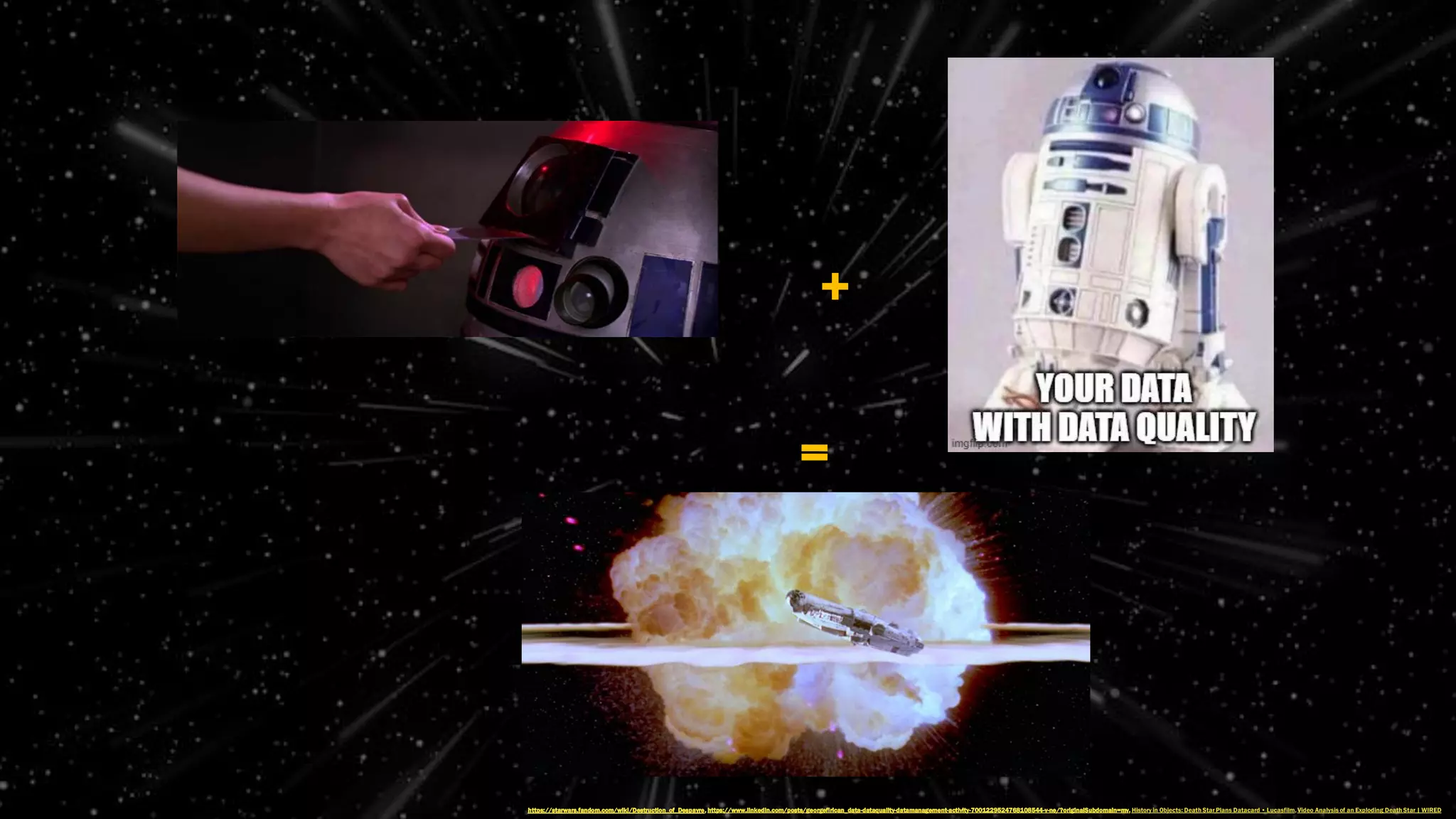 +
=
https://starwars.fandom.com/wiki/Destruction_of_Despayre, https://www.linkedin.com/posts/georgefirican_data-dataquality-datamanagement-activity-7001229524768108544-v-ne/?originalSubdomain=mv, Historyin Objects: Death Star Plans Datacard • Lucasfilm, Video Analysis of an Exploding Death Star | WIRED
 