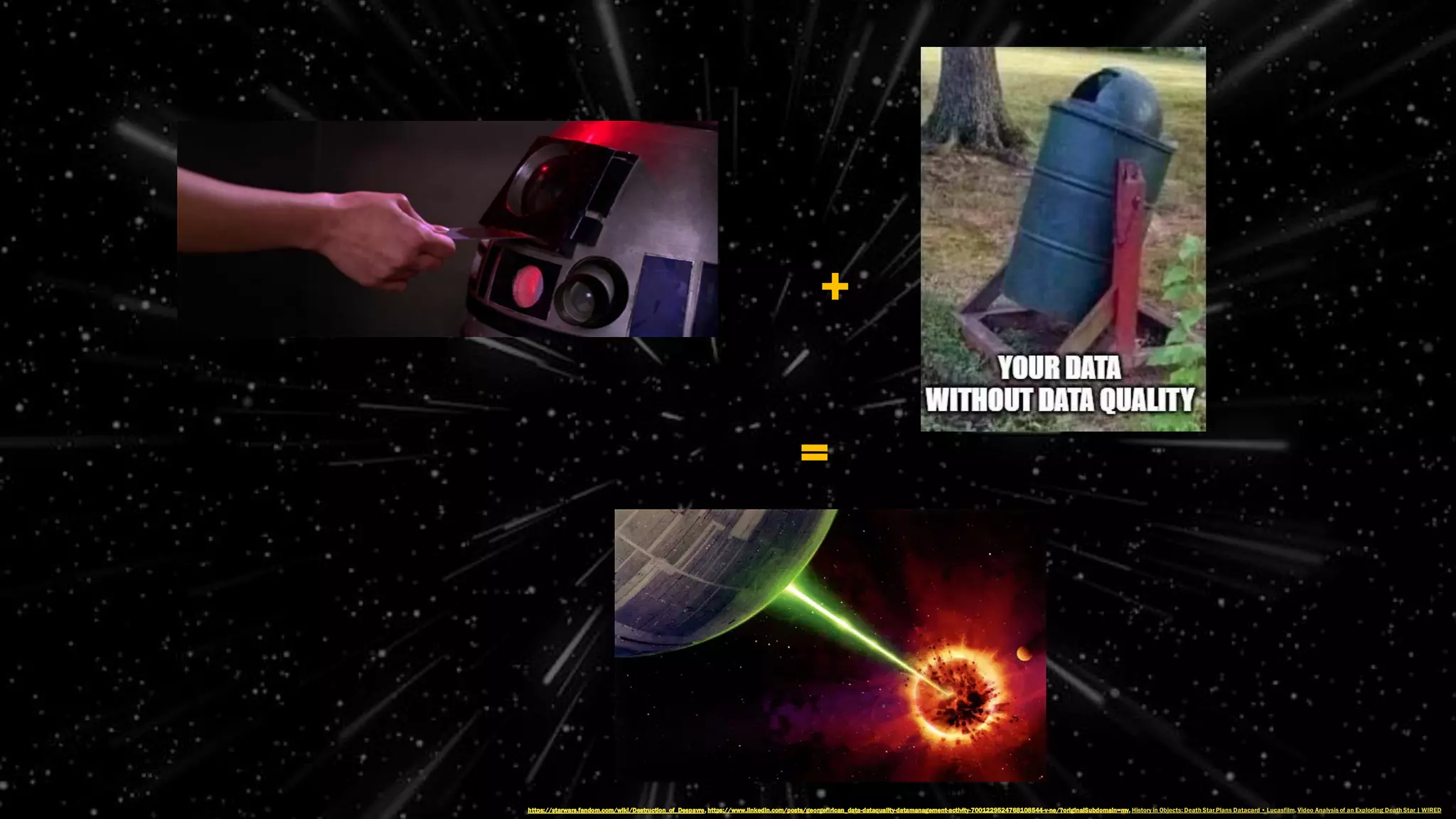 +
=
https://starwars.fandom.com/wiki/Destruction_of_Despayre, https://www.linkedin.com/posts/georgefirican_data-dataquality-datamanagement-activity-7001229524768108544-v-ne/?originalSubdomain=mv, Historyin Objects: Death Star Plans Datacard • Lucasfilm, Video Analysis of an Exploding Death Star | WIRED
 