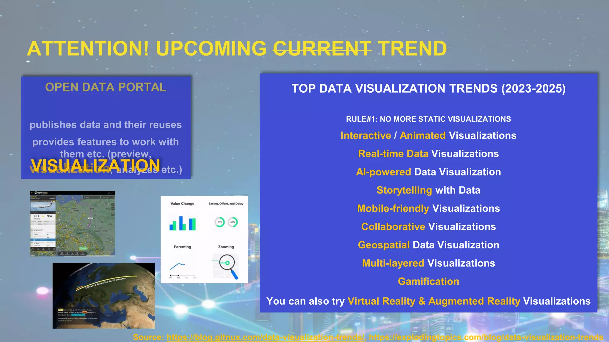 ATTENTION! UPCOMING CURRENT TREND
OPEN DATA PORTAL
publishes data and their reuses
provides features to work with
them etc. (preview,
visualization, analyzes etc.)
Source: https://blog.gitnux.com/data-visualization-trends/, https://explodingtopics.com/blog/data-visualization-trends
VISUALIZATION
TOP DATA VISUALIZATION TRENDS (2023-2025)
RULE#1: NO MORE STATIC VISUALIZATIONS
Interactive / Animated Visualizations
Real-time Data Visualizations
AI-powered Data Visualization
Storytelling with Data
Mobile-friendly Visualizations
Collaborative Visualizations
Geospatial Data Visualization
Multi-layered Visualizations
Gamification
You can also try Virtual Reality & Augmented Reality Visualizations
 