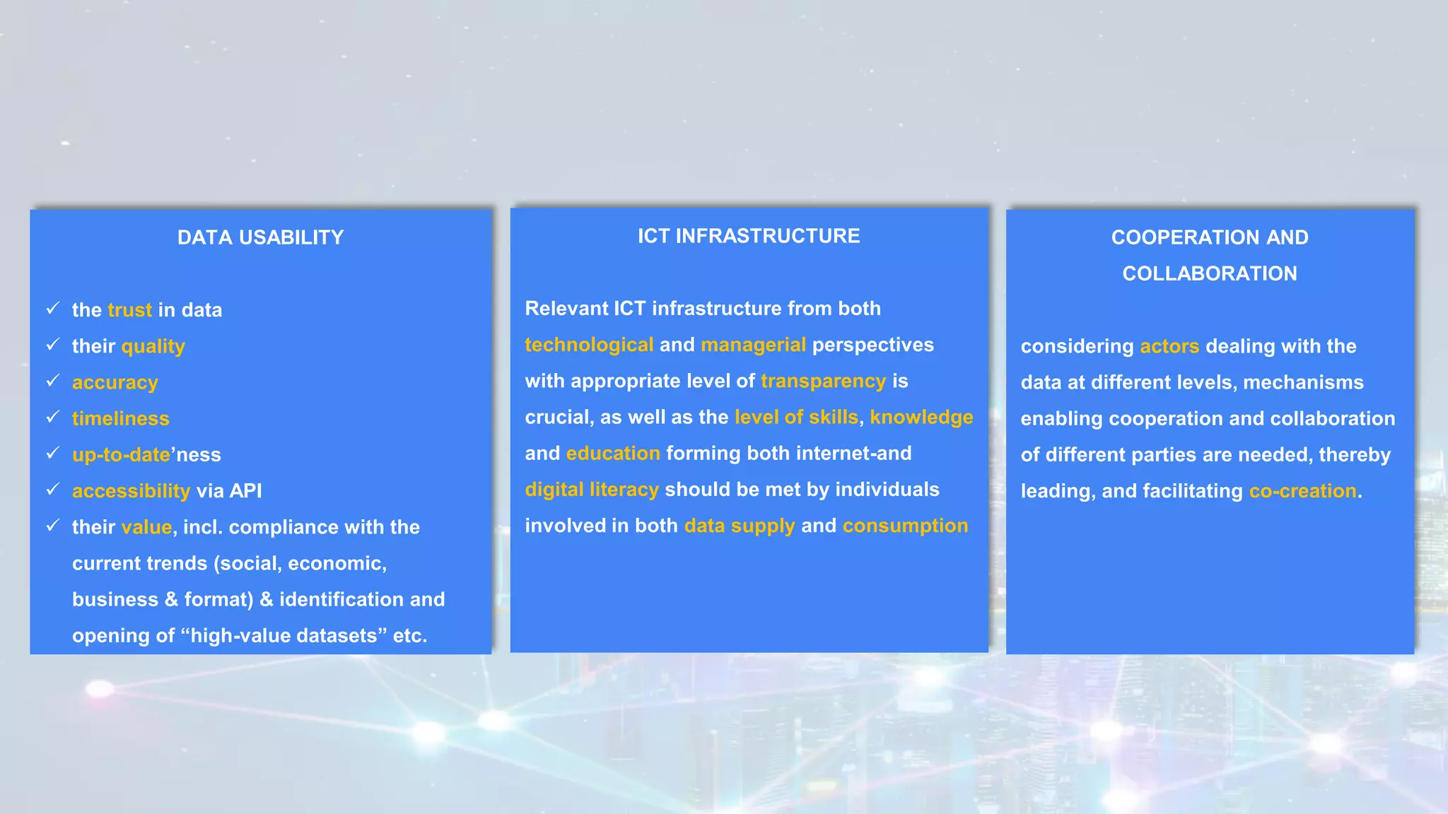 DATA USABILITY
✓ the trust in data
✓ their quality
✓ accuracy
✓ timeliness
✓ up-to-date’ness
✓ accessibility via API
✓ their value, incl. compliance with the
current trends (social, economic,
business & format) & identification and
opening of “high-value datasets” etc.
ICT INFRASTRUCTURE
Relevant ICT infrastructure from both
technological and managerial perspectives
with appropriate level of transparency is
crucial, as well as the level of skills, knowledge
and education forming both internet-and
digital literacy should be met by individuals
involved in both data supply and consumption
COOPERATION AND
COLLABORATION
considering actors dealing with the
data at different levels, mechanisms
enabling cooperation and collaboration
of different parties are needed, thereby
leading, and facilitating co-creation.
 