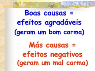 A sequência normal para a formação do carma é: 1° as intenções – tanto positivas como negativas – agem na mente da pessoa.
