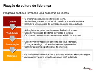 Fixação da cultura de liderança
Programa contínuo formando uma academia de líderes.
Cultura

 O programa possui conteúdo técnico inerte.
 As diretrizes, valores e cultura são inseridos em cada empresa.
 Ser líder é um processo de formação não uma consequência.

Visibilidade

 A direção da empresa mantem controle dos indicadores.
 Cada nova geração de líderes e avaliada e testada.
 Os projetos desenvolvidos demonstram a visão da empresa.

Sustentação

 Cada novo líder repassa o conceito aos seus liderados.
 O programa atinge contratações extenas e promoções.
 Ser líder aproxima o profissional da empresa.

Retenção

 Os profissionais que valorizam a empresa terão um exemplo a seguir.
 A mensagem “eu me importo com você” será fortalicida.

 