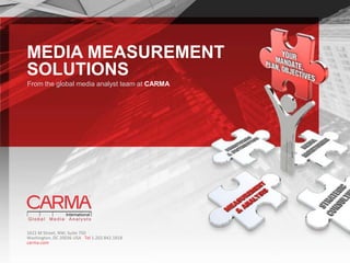 MEDIA MEASUREMENT SOLUTIONS From the global media analyst team at CARMA 1615 M Street, NW; Suite 750  Washington, DC 20036 USA   Tel 1.202.842.1818 carma.com 