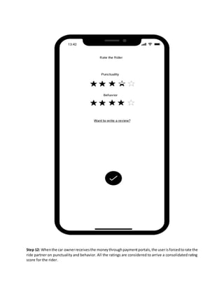 Step 12: Whenthe car ownerreceivesthe moneythroughpaymentportals,the userisforcedtorate the
ride partner on punctuality and behavior. All the ratings are considered to arrive a consolidated rating
score for the rider.
 