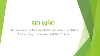 RIO MIÑO
Río do noroeste da Península Ibérica que discorre por Galiza.
É o máis longo e caudaloso de Galiza: 315 km.
 