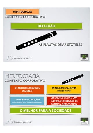MERITOCRACIA
entheusiasmos.com.br
CONTEXTO CORPORATIVO
REFLEXÃO
AS FLAUTAS DE ARISTÓTELES
MERITOCRACIA
MERITOCRACIA
entheusiasmos.com.br
CONTEXTO CORPORATIVO
OS MELHORES RECURSOS
(FLAUTAS)
OS MELHORES TALENTOS
(LÍDERES E EQUIPES)
UM MODELO MENTAL, UMA
CULTURA DE PRODUÇÃO DE
POTÊNCIA, DE EXCELÊNCIA
AS MELHORES CONDIÇÕES
(CONHECIMENTO, APOIO, APRENDIZAGEM)
O MELHOR PARA A SOCIEDADE
 
