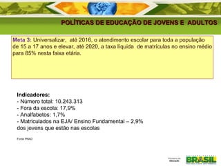 POLÍTICAS DE EDUCAÇÃO DE JOVENS E  ADULTOS Meta 3:  Universalizar,  até 2016, o atendimento escolar para toda a população de 15 a 17 anos e elevar, até 2020, a taxa líquida  de matrículas no ensino médio para 85% nesta faixa etária. Indicadores: - Número total: 10.243.313 - Fora da escola: 17,9%  - Analfabetos: 1,7%  - Matriculados na EJA/ Ensino Fundamental – 2,9% dos jovens que estão nas escolas Fonte PNAD   