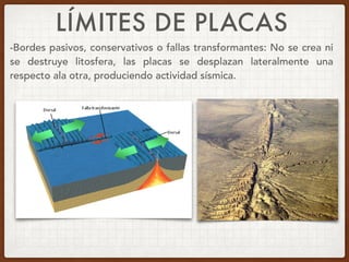 LÍMITES DE PLACAS
-Bordes pasivos, conservativos o fallas transformantes: No se crea ni
se destruye litosfera, las placas se desplazan lateralmente una
respecto ala otra, produciendo actividad sísmica.
 