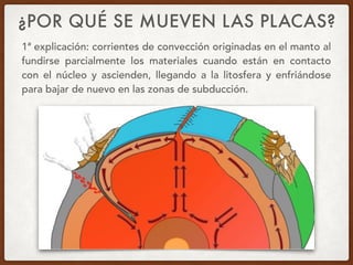 ¿POR QUÉ SE MUEVEN LAS PLACAS?
1ª explicación: corrientes de convección originadas en el manto al
fundirse parcialmente los materiales cuando están en contacto
con el núcleo y ascienden, llegando a la litosfera y enfriándose
para bajar de nuevo en las zonas de subducción.
 