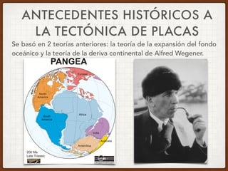 ANTECEDENTES HISTÓRICOS A
LA TECTÓNICA DE PLACAS
Se basó en 2 teorías anteriores: la teoría de la expansión del fondo
oceánico y la teoría de la deriva continental de Alfred Wegener.
 