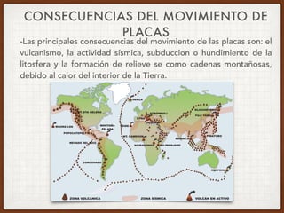 CONSECUENCIAS DEL MOVIMIENTO DE
PLACAS
-Las principales consecuencias del movimiento de las placas son: el
vulcanismo, la actividad sísmica, subduccion o hundimiento de la
litosfera y la formación de relieve se como cadenas montañosas,
debido al calor del interior de la Tierra.
 