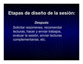 Etapas de diseño de la sesión:
                 Después
  Solicitar resúmenes, recomendar
  lecturas, hacer y enviar trabajos,
  evaluar la sesión, enviar lecturas
  complementarias, etc.
 