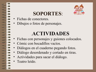 SOPORTES:
• Fichas de conectores.
• Dibujos o fotos de personajes.

              .ACTIVIDADES
•   Fichas con personajes y guiones colocados.
•   Cómic con bocadillos vacíos.
•   Diálogos en el cuaderno pegando fotos.
•   Diálogo desordenado y cortado en tiras.
•   Actividades para sacar el diálogo.
•   Teatro leído.
 
