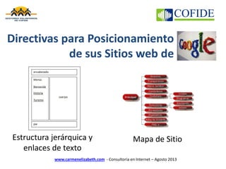 www.carmenelizabeth.com - Consultoría en Internet – Agosto 2013
Directivas para Posicionamiento
de sus Sitios web de
Estructura jerárquica y
enlaces de texto
Mapa de Sitio
 