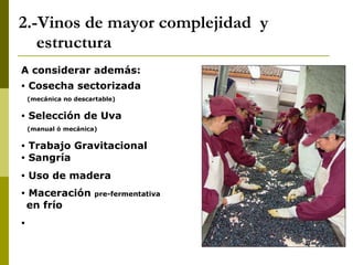 2.-Vinos de mayor complejidad  y  estructura A considerar además: Cosecha sectorizada (mecánica no descartable) Selección de Uva  (manual ó mecánica) Trabajo Gravitacional Sangría  Uso de madera Maceración  pre-fermentativa   en frío 