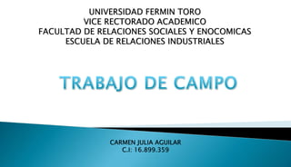 UNIVERSIDAD FERMIN TORO
VICE RECTORADO ACADEMICO
FACULTAD DE RELACIONES SOCIALES Y ENOCOMICAS
ESCUELA DE RELACIONES INDUSTRIALES
CARMEN JULIA AGUILAR
C.I: 16.899.359
 