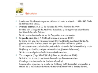 Estructura La obra se divide en tres partes. Abarca el curso académico 1939-1940. Toda la narración es lineal. Primera parte  (Cap. I-IX, de octubre de 1939 a febrero de 1940): Se abre con la llegada de Andrea a Barcelona y su ingreso en el ambiente familiar de la calle Aribau. Se cierra con la marcha de su tía Angustias a un convento.  Segunda parte  (Cap. X-XVIII, de marzo a junio de 1940): Se inicia con una nueva sensación de libertad tras la marcha de la tía An-gustias, cuando Andrea pasea sola por las calles del barrio gótico. El eje narrativo se traslada al exterior de la vivienda: la Universidad y la ca- lle (Ena y su familia, amigos universitarios, jóvenes bohemios). Se cierra con el primer baile fracasado de Andrea. Tercera parte  (Cap. XIX-XXV, de julio a septiembre de 1940): Se inicia con la conversación de la madre de Ena con Andrea. Concluye con la marcha de Andrea a Madrid. Los mundos opuestos de la calle de Aribau y la Universidad se mezclan a través de la relación de Román y Ena y de Román con la madre de ésta. 