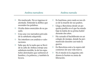 Andrea narradora  Andrea narrada Ha madurado. No es ingenua ni atontada. Entiende la doblez que esconden las palabras.  Oculta datos esenciales de su pa-sado. Crea una voz narradora privada de la sabiduría adquirida. No interfiere con análisis o valo-raciones. Sabe que de la nada que se llevó de la calle de Aribau extrajo una sabiduría terrible, la de los espa-ñoles derrotados que sufrieron el hambre y la pobreza, y también la locura. Es huérfana, pero nada se nos di-ce de la muerte de sus padres. Llega a Barcelona desde un pe-queño pueblo en el que ha estado bajo la tutela de su prima Isabel durante dos años. Ha cursado el bachillerato en un colegio de monjas, donde ha per-manecido durante casi toda la guerra.  En Barcelona está a la espera del comienzo de una vida nueva.  Ni el miedo ni la angustia coti-dianos le hurtan su ansia de liberación.  