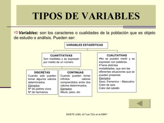 Variables:  son los caracteres o cualidades de la población que es objeto de estudio o análisis. Pueden ser:   TIPOS DE VARIABLES VARIABLES ESTADÍSTICAS CUANTITATIVAS Son medibles y se expresan por medio de un número CUALITATIVAS No se pueden medir y se expresan con palabras. Tiene distintas modalidades, que son las diferentes situaciones que se pueden presentar. Ejemplos : Sexo: Femenino – Masculino Color de ojos Color del cabello DISCRETAS Cuando solo pueden tomar algunos valores determinados. Ejemplos : Nº de padres vivos Nº de hermanos CONTINUAS Cuando pueden tomar infinitos valores comprendidos entre dos valores determinados. Ejemplos : Altura, peso, etc 