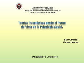 UNIVERSIDAD FERMÍN TORO
VICERECTORADO ACADÉMICO
FACULTAD DE CIENCIAS ECONOMICAS Y SOCIALES
ESCUELA DE COMUNICACIÓN SOCIAL
ESTUDIANTE:
Carmen Morles.
BARQUISIMETO- JUNIO 2018.
 