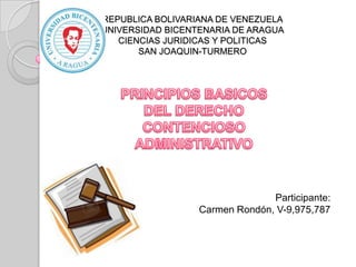 REPUBLICA BOLIVARIANA DE VENEZUELA
UNIVERSIDAD BICENTENARIA DE ARAGUA
CIENCIAS JURIDICAS Y POLITICAS
SAN JOAQUIN-TURMERO

Participante:
Carmen Rondón, V-9,975,787

 