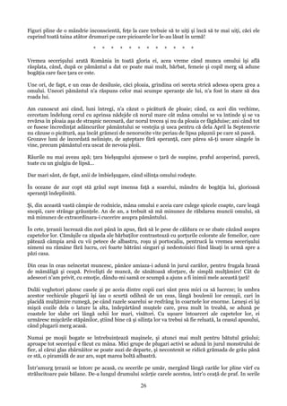 Figuri pline de o mândrie inconscientă, feţe la care trebuie să te uiţi şi încă să te mai uiţi, căci ele
cuprind toată taina atâtor drumuri pe care picioarele lor le-au lăsat în urmă!
*

*

*

*

*

*

*

*

*

*

*

*

Vremea secerişului arată România în toată gloria ei, acea vreme când munca omului îşi află
răsplata, când, după ce pământul a dat ce poate mai mult, bărbat, femeie şi copil merg să adune
bogăţia care face ţara ce este.
Une ori, de fapt, e un ceas de desilusie, căci ploaia, grindina ori seceta strică adesea opera grea a
omului. Uneori pământul n'a răspuns celor mai scumpe speranţe ale lui, n'a fost în stare să dea
roada lui.
Am cunoscut ani când, luni întregi, n'a căzut o picătură de ploaie; când, ca acei din vechime,
cercetam îndelung cerul cu aprinsa nădejde că norul mare cât mâna omului se va întinde şi se va
revărsa în ploaia aşa de straşnic necesară, dar norul trecea şi nu da ploaia ce făgăduise; ani când tot
ce fusese încredinţat adâncurilor pământului se vestejia şi usca pentru că dela April la Septemvrie
nu căzuse o picătură, aşa încât grămezi de nenorocite vite periau de lipsa păşunii pe care să pască.
Grozave luni de încordată nelinişte, de aşteptare fără speranţă, care părea să-ţi usuce sângele în
vine, precum pământul era uscat de nevoia ploii.
Râurile nu mai aveau apă; ţara bielşugului ajunsese o ţară de suspine, praful acoperind, parecă,
toate cu un giulgiu de lipsă...
Dar mari sânt, de fapt, anii de îmbielşugare, când silinţa omului rodeşte.
În oceane de aur copt stă grâul supt imensa faţă a soarelui, mândru de bogăţia lui, glorioasă
speranţă îndeplinită.
Şi, din această vastă câmpie de rodnicie, mâna omului e aceia care culege spicele coapte, care leagă
snopii, care strânge grăunţele. An de an, a trebuit să mă minunez de răbdarea muncii omului, să
mă minunez de extraordinara-i cucerire asupra pământului.
În cete, ţeranii lucrează din zori până în apus, fără să le pese de căldura ce se zbate căzând asupra
capetelor lor. Cămăşile ca zăpada ale bărbaţilor contrastează cu şorţurile colorate ale femeilor, care
pătează câmpia arsă cu vii petece de albastru, roşu şi portocaliu, pentrucă la vremea secerişului
nimeni nu rămâne fără lucru, cei foarte bătrâni singuri şi nedestoinici fiind lăsaţi în urmă spre a
păzi casa.
Din ceas în ceas neîncetat muncesc, pânăce amiaza-i adună în jurul carălor, pentru frugala hrană
de mămăligă şi ceapă. Privelişti de muncă, de sănătoasă sforţare, de simplă mulţămire! Cât de
adeseori n'am privit, cu emoţie, dându-mi samă ce scumpă a ajuns a fi inimii mele această ţară!
Dulăi veghetori păzesc casele şi pe aceia dintre copii cari sânt prea mici ca să lucreze; în umbra
acestor vechicule plugarii îşi iau o scurtă odihnă de un ceas, lângă boulenii lor cenuşii, cari în
placidă mulţămire rumegă, pe când razele soarelui se resfrâng în coarnele lor enorme. Leneşi ei îşi
mişcă cozile dela o lature la alta, îndepărtând muştele care, prea mult în treabă, se adună pe
coastele lor slabe ori lângă ochii lor mari, visători. Cu uşoare întoarceri ale capetelor lor, ei
urmăresc mişcările stăpânilor, ştiind bine că şi silinţa lor va trebui să fie reluată, la ceasul apusului,
când plugarii merg acasă.
Numai pe moşii bogate se întrebuinţează maşinele, şi atunci mai mult pentru bătutul grâului;
aproape tot secerişul e făcut cu mâna. Mici grupe de plugari activi se adună în jurul monstrului de
fier, al cărui glas zbârnâitor se poate auzi de departe, şi necontenit se ridică grămada de grâu până
ce stă, o piramidă de aur ars, supt marea boltă albastră.
Într'amurg ţeranii se întorc pe acasă, cu secerile pe umăr, mergând lângă carăle lor pline vârf cu
strălucitoare paie bălane. De-a lungul drumului scârţie carele acestea, într'o ceaţă de praf. In serile

26

 