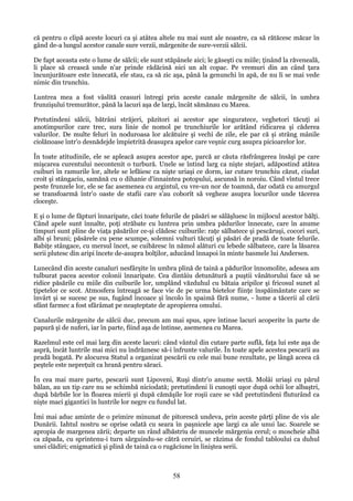 că pentru o clipă aceste locuri ca şi atâtea altele nu mai sunt ale noastre, ca să rătăcesc măcar în
gând de-a lungul acestor canale sure verzii, mărgenite de sure-verzii sălcii.
De fapt aceasta este o lume de sălcii; ele sunt stăpânele aici; le găseşti cu miile; ţinând la răveneală,
li place să crească unde n'ar prinde rădăcină nici un alt copac. Pe vremuri din an când ţara
încunjurătoare este înnecată, ele stau, ca să zic aşa, până la genunchi în apă, de nu li se mai vede
nimic din trunchiu.
Luntrea mea a fost vâslită ceasuri întregi prin aceste canale mărgenite de sălcii, în umbra
frunzişului tremurător, până la lacuri aşa de largi, încât sămănau cu Marea.
Pretutindeni sălcii, bătrâni străjeri, păzitori ai acestor ape singuratece, veghetori tăcuţi ai
anotimpurilor care trec, sura linie de nomol pe trunchiurile lor arătând ridicarea şi căderea
valurilor. De multe feluri în noduroasa lor alcătuire şi vechi de zile, ele par că şi strâng mânile
ciolănoase într'o desnădejde împietrită deasupra apelor care veşnic curg asupra picioarelor lor.
În toate atitudinile, ele se apleacă asupra acestor ape, parcă ar căuta răsfrângerea însăşi pe care
mişcarea curentului necontenit o turbură. Unele se întind larg ca nişte stejari, adăpostind atâtea
cuiburi în ramurile lor, altele se lefăiesc ca nişte uriaşi ce dorm, iar cutare trunchiu căzut, ciudat
croit şi stângaciu, samănă cu o dihanie d'innaintea potopului, ascunsă în noroiu. Când vîntul trece
peste frunzele lor, ele se fac asemenea cu argintul, cu vre-un nor de toamnă, dar odată cu amurgul
se transfoarmă într'o oaste de stafii care s'au coborît să vegheze asupra locurilor unde tăcerea
cloceşte.
E şi o lume de făpturi înnaripate, căci toate felurile de păsări se sălăşluesc în mijlocul acestor bălţi.
Când apele sunt înnalte, poţi străbate cu luntrea prin umbra pădurilor înnecate, care în anume
timpuri sunt pline de viaţa păsărilor ce-şi clădesc cuiburile: raţe sălbatece şi pescăruşi, cocori suri,
albi şi bruni; păsărele cu pene scumpe, solemni vulturi tăcuţi şi păsări de pradă de toate felurile.
Babiţe stângace, cu mersul încet, se cuibăresc în nămol alături cu lebede sălbatece, care la lăsarea
serii plutesc din aripi încete de-asupra bolţilor, aducând înnapoi în minte basmele lui Andersen.
Lunecând din aceste canaluri nesfârşite în umbra plină de taină a pădurilor înnomolite, adesea am
tulburat pacea acestor colonii înnaripate. Cea dintâiu detunătură a puştii vânătorului face să se
ridice păsările cu miile din cuiburile lor, umplând văzduhul cu bătaia aripilor şi fricosul sunet al
ţipetelor ce scot. Atmosfera întreagă se face vie de pe urma bietelor fiinţe înspăimântate care se
învârt şi se sucesc pe sus, fugând încoace şi încolo în spaimă fără nume, - lume a tăcerii al cării
sfânt farmec a fost sfărâmat pe neaşteptate de apropierea omului.
Canalurile mărgenite de sălcii duc, precum am mai spus, spre întinse lacuri acoperite în parte de
papură şi de nuferi, iar în parte, fiind aşa de întinse, asemenea cu Marea.
Razelmul este cel mai larg din aceste lacuri: când vântul din cutare parte suflă, faţa lui este aşa de
aspră, încât luntrile mai mici nu îndrăznesc să-i înfrunte valurile. În toate apele acestea pescarii au
pradă bogată. Pe alocurea Statul a organizat pescării cu cele mai bune rezultate, pe lângă aceea că
peştele este nepreţuit ca hrană pentru săraci.
În cea mai mare parte, pescarii sunt Lipoveni, Ruşi dintr'o anume sectă. Molâi uriaşi cu părul
bălan, au un tip care nu se schimbă niciodată; pretutindeni îi cunoşti uşor după ochii lor albaştri,
după bărbile lor în floarea mierii şi după cămăşile lor roşii care se văd pretutindeni fluturând ca
nişte maci gigantici în luntrile lor negre cu fundul lat.
Îmi mai aduc aminte de o primire minunat de pitorescă undeva, prin aceste părţi pline de vis ale
Dunării. Iahtul nostru se oprise odată cu seara în paşnicele ape largi ca ale unui lac. Soarele se
apropia de margenea zării; departe un rând albăstriu de muncele mărgenia cerul; o moscheie albă
ca zăpada, cu sprintenu-i turn sârguindu-se cătră ceruiri, se răzima de fondul tabloului ca duhul
unei clădiri; enigmatică şi plină de taină ca o rugăciune în liniştea serii.

58

 