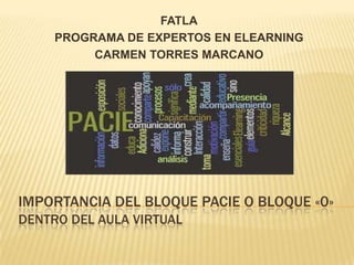 IMPORTANCIA DEL BLOQUE PACIE o bloque «0»DENTRO DEL AULA VIRTUAL FATLA PROGRAMA DE EXPERTOS EN ELEARNING CARMEN TORRES MARCANO 