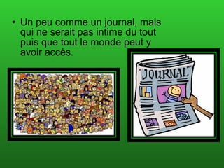• Un peu comme un journal, mais
  qui ne serait pas intime du tout
  puis que tout le monde peut y
  avoir accès.
 