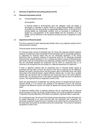 CARMICHAEL RAIL AND PORT SINGAPORE HOLDINGS PTE. LTD. 16
2. Summary of significant accounting policies (cont'd)
2.8 Financial instruments (cont’d)
(b) Financial liabilities (cont’d)
De-recognition
A financial liability is de-recognised when the obligation under the liability is
discharged or cancelled or expires. When an existing financial liability is replaced
by another from the same lender on substantially different terms, or the terms of an
existing liability are substantially modified, such an exchange or modification is
treated as a de-recognition of the original liability and the recognition of a new
liability, and the difference in the respective carrying amounts is recognised in profit
or loss.
2.9 Impairment of financial assets
The Group assesses at each reporting date whether there is any objective evidence that a
financial asset is impaired.
Financial assets carried at amortised cost
For financial assets carried at amortised cost, the Group first assesses whether objective
evidence of impairment exists individually for financial assets that are individually significant,
or collectively for financial assets that are not individually significant. If the Group
determines that no objective evidence of impairment exists for an individually assessed
financial asset, whether significant or not, it includes the asset in a group of financial assets
with similar credit risk characteristics and collectively assesses them for impairment. Assets
that are individually assessed for impairment and for which an impairment loss is, or
continues to be recognised are not included in a collective assessment of impairment.
If there is objective evidence that an impairment loss on financial assets carried at
amortised cost has been incurred, the amount of the loss is measured as the difference
between the asset’s carrying amount and the present value of estimated future cash flows
discounted at the financial asset’s original effective interest rate. If a loan has a variable
interest rate, the discount rate for measuring any impairment loss is the current effective
interest rate. The carrying amount of the asset is reduced through the use of an allowance
account. The impairment loss is recognised in profit or loss.
When the asset becomes uncollectible, the carrying amount of impaired financial asset is
reduced directly or if an amount was charged to the allowance account, the amounts
charged to the allowance account are written off against the carrying value of the financial
asset.
To determine whether there is objective evidence that an impairment loss on financial
assets has been incurred, the Group considers factors such as the probability of insolvency
or significant financial difficulties of the debtor and default or significant delay in payments.
If in a subsequent year, the amount of the impairment loss decreases and the decrease can
be related objectively to an event occurring after the impairment was recognised, the
previously recognised impairment loss is reversed to the extent that the carrying amount of
the asset does not exceed its amortised cost at the reversal date. The amount of reversal is
recognised in profit or loss.
0bcdf8c8295fc8e98cc7734347279400784ecc62380b5f80e210ae831fa5ef50
 