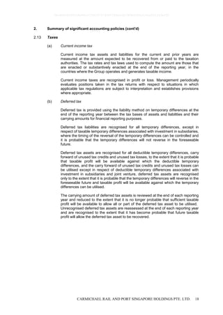 CARMICHAEL RAIL AND PORT SINGAPORE HOLDINGS PTE. LTD. 18
2. Summary of significant accounting policies (cont'd)
2.13 Taxes
(a) Current income tax
Current income tax assets and liabilities for the current and prior years are
measured at the amount expected to be recovered from or paid to the taxation
authorities. The tax rates and tax laws used to compute the amount are those that
are enacted or substantively enacted at the end of the reporting year, in the
countries where the Group operates and generates taxable income.
Current income taxes are recognised in profit or loss. Management periodically
evaluates positions taken in the tax returns with respect to situations in which
applicable tax regulations are subject to interpretation and establishes provisions
where appropriate.
(b) Deferred tax
Deferred tax is provided using the liability method on temporary differences at the
end of the reporting year between the tax bases of assets and liabilities and their
carrying amounts for financial reporting purposes.
Deferred tax liabilities are recognised for all temporary differences, except in
respect of taxable temporary differences associated with investment in subsidiaries,
where the timing of the reversal of the temporary differences can be controlled and
it is probable that the temporary differences will not reverse in the foreseeable
future.
Deferred tax assets are recognised for all deductible temporary differences, carry
forward of unused tax credits and unused tax losses, to the extent that it is probable
that taxable profit will be available against which the deductible temporary
differences, and the carry forward of unused tax credits and unused tax losses can
be utilised except in respect of deductible temporary differences associated with
investment in subsidiaries and joint venture, deferred tax assets are recognised
only to the extent that it is probable that the temporary differences will reverse in the
foreseeable future and taxable profit will be available against which the temporary
differences can be utilised.
The carrying amount of deferred tax assets is reviewed at the end of each reporting
year and reduced to the extent that it is no longer probable that sufficient taxable
profit will be available to allow all or part of the deferred tax asset to be utilised.
Unrecognised deferred tax assets are reassessed at the end of each reporting year
and are recognised to the extent that it has become probable that future taxable
profit will allow the deferred tax asset to be recovered.
0bcdf8c8295fc8e98cc7734347279400784ecc62380b5f80e210ae831fa5ef50
 