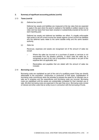 CARMICHAEL RAIL AND PORT SINGAPORE HOLDINGS PTE. LTD. 19
2. Summary of significant accounting policies (cont'd)
2.13 Taxes (cont’d)
(b) Deferred tax (cont'd)
Deferred tax assets and liabilities are measured at the tax rates that are expected
to apply in the year when the asset is realised or the liability is settled, based on tax
rates (and tax laws) that have been enacted or substantively enacted at the end of
each reporting year.
Deferred tax assets and deferred tax liabilities are offset, if a legally enforceable
right exists to set off current income tax assets against current income tax liabilities
and the deferred taxes relate to the same taxable entity and the same taxation
authority.
(c) Sales tax
Revenues, expenses and assets are recognised net of the amount of sales tax
except:
– Where the sales tax incurred on a purchase of assets or services is not
recoverable from the taxation authority, in which case the sales tax is
recognised as part of the cost of acquisition of the asset or as part of the
expense item as applicable; and
– Receivables and payables that are stated with the amount of sales tax
included.
2.14 Borrowing costs
Borrowing costs are capitalised as part of the cost of a qualifying asset if they are directly
attributable to the acquisition, construction or production of that asset. Capitalisation of
borrowing costs commences when the activities to prepare the asset for its intended use or
sale are in progress and the expenditures and borrowing costs are incurred. Borrowing
costs are capitalised until the assets are substantially completed for their intended use or
sale. All other borrowing costs are expensed in the year they occur. Borrowing costs consist
of interest and other costs that an entity incurs in connection with the borrowing of funds.
0bcdf8c8295fc8e98cc7734347279400784ecc62380b5f80e210ae831fa5ef50
 