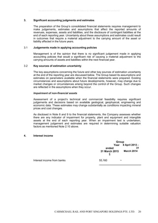 CARMICHAEL RAIL AND PORT SINGAPORE HOLDINGS PTE. LTD. 20
3. Significant accounting judgments and estimates
The preparation of the Group’s consolidated financial statements requires management to
make judgements, estimates and assumptions that affect the reported amounts of
revenues, expenses, assets and liabilities, and the disclosure of contingent liabilities at the
end of each reporting year. Uncertainty about these assumptions and estimates could result
in outcomes that require a material adjustment to the carrying amount of the asset or
liability affected in the future years.
3.1 Judgements made in applying accounting policies
Management is of the opinion that there is no significant judgement made in applying
accounting policies that would a significant risk of causing a material adjustment to the
carrying amounts of assets and liabilities within the next financial year.
3.2 Key sources of estimation uncertainty
The key assumptions concerning the future and other key sources of estimation uncertainty
at the end of the reporting year are discussed below. The Group based its assumptions and
estimates on parameters available when the financial statements were prepared. Existing
circumstances and assumptions about future developments, however, may change due to
market changes or circumstances arising beyond the control of the Group. Such changes
are reflected in the assumptions when they occur.
Impairment of non-financial assets
Assessment of a project’s technical and commercial feasibility requires significant
judgements and decisions based on available geological, geophysical, engineering and
economic data. These estimates may change substantially as conditions impacting mineral
prices and cost changes.
As disclosed in Note 8 and 9 to the financial statements, the Company assesses whether
there are any indicator of impairment for property, plant and equipment and intangible
assets at the end of each reporting year. When an impairment test is undertaken,
management judgement and estimates are required in determining suitable valuation
factors as mentioned Note 2.10 above.
4. Interest income
Group
Year
ended
31 March 2015
8 April 2013 -
31
March 2014
$
Interest income from banks 55,160 −
0bcdf8c8295fc8e98cc7734347279400784ecc62380b5f80e210ae831fa5ef50
 