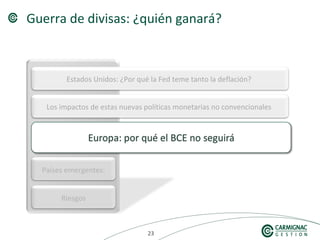 232323
Los impactos de estas nuevas políticas monetarias no convencionales
Guerra de divisas: ¿quién ganará?
Estados Unidos: ¿Por qué la Fed teme tanto la deflación?
Riesgos
Países emergentes:
 