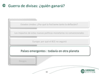 303030
Riesgos
Guerra de divisas: ¿quién ganará?
Europa: por qué el BCE no seguirá
Los impactos de estas nuevas políticas monetarias no convencionales
Estados Unidos: ¿Por qué la Fed teme tanto la deflación?
 