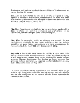 Empiezan a salir los incisivos. Controla sus esfínteres. Va adquiriendo un
mayor dominio del cuerpo.
3er. Año: Va aumentando su talla de 6 a 8 cm, y en peso 1 a 2kg,
aparece el proceso de mielinización, la cabeza crece un ritmo más lento
que el tronco y las extremidades. Es capaz de demostrar emociones con
su rostro (alegría, tristeza, rabia, etc.)
4to. Año: Presenta una inestabilidad de sus emociones, puede subir y
bajar escaleras con facilidad, demuestra sus preferencias en su
vestimenta, comida y amigos, tiene un mejor lenguaje.
5to. Año: Su desarrollo motriz se observa una mejoría de sus
movimientos, resultado de sus etapas anteriores, son más agiles,
sociables, les gusta hablar y comunicarse y ya tiene una capacidad de
razonamiento. Debe medir 105 cm y debe pesar 18-20kg.
6to. Año: A los 6 años debe pesar de 20-22kg y debe medir 112-
113cm, tiene un mejor lenguaje que en las etapas anteriores, comienza
a vivir experiencias nuevas, tiene mejor coordinación, puede realizar
procesos lógicos, desaparecen los dientes de leche, emergen los
primeros molares permanentes, propenso a enfermedades infecciosas,
suele adelgazar y suele ser muy activo.
Se puede determinar que el desarrollo al que nos enfocamos en un
proceso muy importante en la vida, que los cambios que sufre el niño
son los más notables de un ser humano además de que va adoptando
nuevos conocimientos.
 