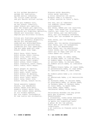 ex his quidam denudantur             Algunos están desnudos,
quidam ibi vestiuntur,               otros están vestidos,
quidam saccis induuntur.             y otros cubiertos con sacos.
Ibi nullus timet mortem              Ninguno teme a la muerte,
sed pro Baccho mittunt sortem.       y echan suertes en honor a Baco.

Primo pro nummata vini,              Una vez, por el tabernero
ex hac bibunt libertini;             los hombres libres beben
semel bibunt pro captivis,           ansiosamente;
post hec bibunt pro captivis,        dos veces, beben por los cautivos;
quater pro Christianis cunctis,      luego, tres veces por la vida;
quinquies pro fidelibus defunctis,   cuatro, por todos los cristianos;
sexies pro sororibus vanis,          cinco veces, por los mártires;
septies pro militibus silvanis.      seis, por los hermanos enfermos;
                                     siete, por los soldados en guerra.
Octies pro fratribus perversis,
nonies pro monachis dispersis,       Ocho veces, por los hermanos
decies pro navigantibus,             errantes;
undecies pro discordantibus,         nueve, por los monjes disgregados;
duodecies pro penitentibus,          diez veces, por los navegantes;
tredecies pro iter agentibus.        once, por los desavenidos;
Tam pro papa quam pro rege           doce veces, por los penitentes;
bibunt omnes sine lege.              trece veces, por los viajeros;
                                     tanto por el Papa como por el rey
Bibit   hera, bibit herus            todos beben sin límite.
bibit   miles, bibit clerus,
bibit   ille, bibit illa,            La señora bebe, el señor bebe,
bibit   servus, cum ancilla,         el soldado bebe, el clérigo bebe,
bibit   velox, bibit piger,          el hombre bebe, la mujer bebe,
bibit   albus, bibit niger,          el esclavo bebe, la esclava bebe,
bibit   constants, bibit vagus,      el hombre activo bebe, el indolente
bibit   rudis, bibit magus.          bebe,
                                     el hombre blanco bebe, el negro bebe,
Bibit pauper et egrotus,             el perseverante bebe, el vago bebe,
bibit exul et ignotus,               el ignorante bebe, el sabio bebe.
bibit puer, bibit canus,
bibit presul et decanus,             El hombre pobre bebe y el invalido
bibit soror, bibit frater,           bebe,
bibit anus, bibit mater,             el desterrado bebe, y el desconocido
bibit ista, bibit ille               bebe,
bibunt centum, bibunt mille.         el muchacho bebe, el anciano bebe,
                                     el presidente bebe, el decano bebe,
Parum sexcente nummate               la hermana bebe, el hermano bebe,
Durant, cum immoderate               el viejo bebe, la madre bebe,
bibunt omnes sine meta.              esta bebe, aquel bebe,
Quamvis bibant mente leta,           centenares beben, miles beben.
sic nos rodunt omnes gentes,
et sic erimus egentes.               Seiscientas monedas son muy pocas
Qui nos rodunt confundantur          para que alcancen, cuando
et cum iustis non scribantur.        desenfrenados
                                     e incesantes, todos están bebiendo.
                                     Déjenlos beber cuanto quieran,
                                     la gente los inoportuna tanto
                                     a pesar de ser tan pobres.
                                     Dejen que se confundan los
                                     inoportunos
                                     y en justicia no figuren entre los
                                     probos.


V.- COUR D'AMOURS                    V.- LA CORTE DE AMOR
 