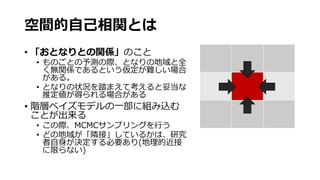 空間的自己相関とは
• 「おとなりとの関係」のこと
• ものごとの予測の際、となりの地域と全
く無関係であるという仮定が難しい場合
がある。
• となりの状況を踏まえて考えると妥当な
推定値が得られる場合がある
• 階層ベイズモデルの一部に組み込む
ことが出来る
• この際、MCMCサンプリングを行う
• どの地域が「隣接」しているかは、研究
者自身が決定する必要あり(地理的近接
に限らない)
 