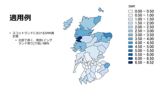 適用例
• スコットランドにおけるSMR推
定値
• 北部で高く、南部(イング
ランド寄り)で低い傾向
 