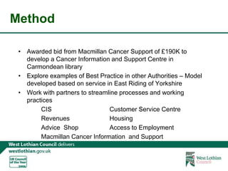 MethodAwarded bid from Macmillan Cancer Support of £190K to develop a Cancer Information and Support Centre in Carmondean libraryExplore examples of Best Practice in other Authorities – Model developed based on service in East Riding of YorkshireWork with partners to streamline processes and working practices		CIS			Customer Service Centre			Revenues		Housing			Advice  Shop		Access to Employment		Macmillan Cancer Information  and Support