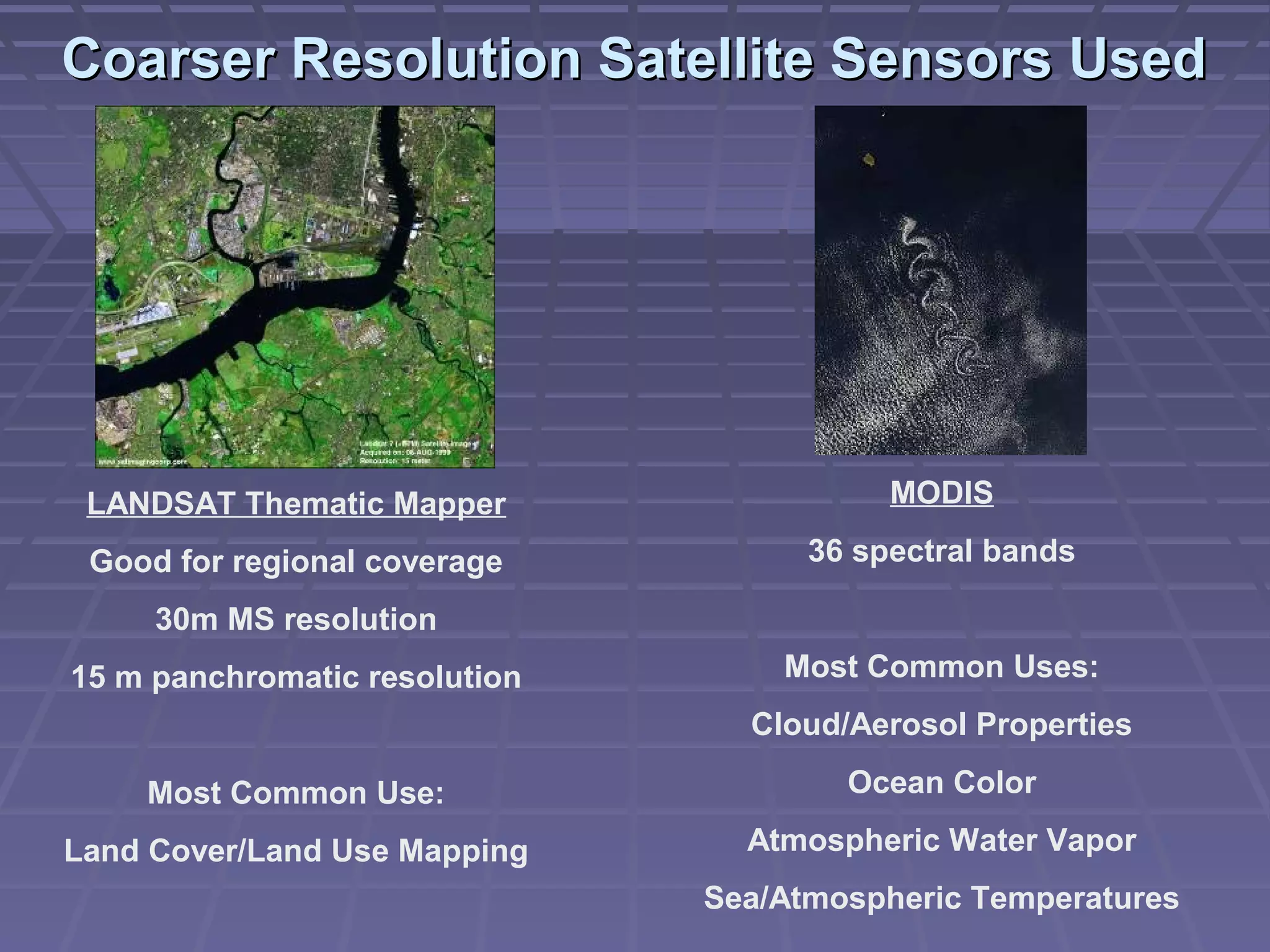 Coarser Resolution Satellite Sensors Used




 LANDSAT Thematic Mapper                  MODIS

 Good for regional coverage          36 spectral bands

     30m MS resolution
15 m panchromatic resolution       Most Common Uses:
                                 Cloud/Aerosol Properties

    Most Common Use:                   Ocean Color

Land Cover/Land Use Mapping      Atmospheric Water Vapor
                               Sea/Atmospheric Temperatures
 