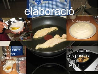 elaboració Es  deixata  l'ou en un   bol Pa rallat en un plat Es passa la carn per  L'ou i despres per el  Pa rallar Per  acabar   es possa a  fr egir E l pi t 