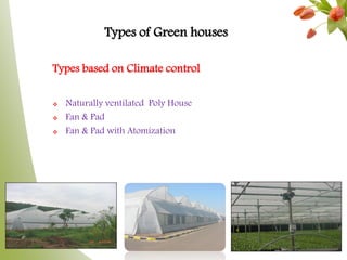 Types of Green houses
Types based on Climate control
 Naturally ventilated Poly House
 Fan & Pad
 Fan & Pad with Atomization
 