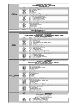 CONCURSO DE AGREMIAÇÕES
                                          (Ursos, Maracatus de B. Solto e Caboclinhos)
                                                        (GRUPO ESPECIAL)
                        15h        Urso Branco do Zé
                       15h20       Urso Mimoso de Afogados
                       15h40       Urso Da Tua Mãe
                        16h        Urso Panda
                       16h20       Urso Do Vizinho
     21/02
                       16h40       Urso Cangaçá – Água Fria
   Terça-Feira
                        17h        M. B. S. Pavão Dourado (Tracunhaém)
                       17h30       M. B. S. Carneiro Manso (G. Goitá)
                        18h        M. B. S. Cambinda Brasileira (Nazaré)
                        19h        M. B. S. Leão de Ouro (Condado)
                       19h30       M. B. S. Estrela de Ouro (Condado)
                        20h        M. B. S. Cruzeiro do Forte
                       20h30       Caboclinho União Sete Flexas (Goiana)
                        21h        Caboclinho Kapinawa
                       21h30       Caboclinho Carijós (Goiana)
                        22h        Caboclinho Tupy
                       22h30       Caboclinho Tupã
                        23h        Caboclinho Oxossi Pena Branca
                       23h30       Caboclinho Tapirapé
                                        PÓLO DAS AGREMIAÇÕES 2
                                              (Av. do Forte)
                       Hora                                            Programação
                                                    CONCURSO DE AGREMIAÇÕES
                          (Troças, Clubes de Frevo, Blocos de P. e Corda e Maracatus de Baque Virado)
                                                   (GRUPO ACESSO / ASPIRANTES)
                        15h         T. C. M. Cachorro do Homem do Miúdo
                       15h15        T. C. M. Babado em Folia
                       15h30        T. C. M. Azulão em Folia
                       15h45        T. C. M. Maria no Frevo
                        16h         T. C. M. Quem Fala de Nós Não Sabe o Que Diz
                       16h15        T. C. M. Vale Ouro
     19/02
                       16h30        T. C. M. Bolachão de Beberibe
    Domingo
                       16h45        T. C. M. Verdureira de São José
                        17h         T. C. M. Juventude da Mustardinha
                       17h15        T. C. M. Leões do Córrego
                        18h         C. C. M. Lavadeiras de Areias
                       18h15        M. B. V. Nação Centro Grande Leão Coroado
                       18h35        M. B. V. Lira do Morro da Conceição
                       18h55        B. C. M. Lírico Carnavalesco Memórias na Infância
                       19h10        M. B. V. Nação de Luanda
                       19h30        C. C. M. Coqueirinho de Beberibe
                       19h45        B. C. M. Lírico Artesões de Pernambuco
                        20h         B. C. M. Com Amor a Você
                       20h15        M. B. V. Cambinda Africano
                        Hora                                           Programação
                                                    CONCURSO DE AGREMIAÇÕES
                                   (Ursos, Clubes de Boneco, Caboclinhos e Escolas de Samba)
                                                   (GRUPO ACESSO / ASPIRANTES)
                        14h         Boi Treloso
                       14h15        Urso Brilhante do Coque
                       14h30        Urso Manhoso do Engenho do Meio
                       14h45        Urso Língua de Ouro
                        15h         Urso Manhoso
                       15h15        Urso Polar de Areias
                       15h30        Urso Minerva
                       15h45        Boi Glorioso (Bonito)
                        16h         Urso Papangu
20/02       Segunda-   16h15        Boi Jardim
        Feira          16h30        Boi Furioso
                        17h         C. Boneco O Menino da Federação
                       17h15        Caboclinho Tabaiares
                       17h35        Caboclinho Índio Brasileiro (Buenos Aires)
                       17h55        Caboclinho Tupynae
                       18h15        Índio Tapajós
                       18h30        C. Boneco A Mulher de Seu Malaquias
                       18h45        Caboclinho Flecha Negra da Tribo Truká (Goiana)
                       19h05        C. Boneco O Homem do Burity
                       19h20        Índio Tupi Oriental
                       19h35        C. Boneco Raissa no Frevo
                       19h50        Caboclinho Canindé (Goiana)
                       20h10        Caboclinho Caripós (Goiana)
                       20h35        G.R.E.S. Oriente (Olinda)
                       Hora                                                Programação
                                                        CONCURSO DE AGREMIAÇÕES
                                                        MARACATUS DE BAQUE SOLTO
                                                      (GRUPO ACESSO / ASPIRANTES)
                        14h        M.   B.   S.   Gavião da Mata (Gloria do Goitá)
                       14h15       M.   B.   S.   Leão Brasileiro (Casa Amarela)
                       14h30       M.   B.   S.   Águia Dourada (Glória do Goitá)
                       14h45       M.   B.   S.   Águia de Ouro (Casa Amarela)
 