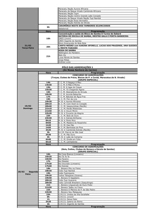 Maracatu   Nação Aurora Africana
                                   Maracatu   de Baque Virado Cambinda Africano
                                   Maracatu   Nação Tigre
                                   Maracatu   Nação Centro Grande Leão Coroado
                                   Maracatu   de Baque Virado Nação Tupi Nambá
                                   Maracatu   Nação Rosa Vermelha
                                   Maracatu   Nação Estrela de Olinda
                                   CERIMÔNIA NOITE DOS TAMBORES SILENCIOSOS
                        0h
                                   Babalorixá
                       Hora                                      Programação
                                   Concentração e saída do Bloco de Samba A Turma do Saberé
                                   BATERIA DE ESCOLA DE SAMBA, MESTRE-SALA E PORTA-BANDEIRA
                        16h        GRES Limonil
                                   GRES Gigante do Samba
                                   Bloco Anarquista do Bole Bole
     21/02                         CANTO NEGRO com KARINA SPINELLI, LUCAS DOS PRAZERES, ANA GUEDES
                        20h
   Terça-Feira                     e MESTR FABIANO
                                   RODA DE SAMBA
                                   Wellington do Pandeiro
                                   Belo Xis
                        21h
                                   Luiza Pérola do Samba
                                   Jorge Ribas
                                   Andrea Luiza

                                       PÓLO DAS AGREMIAÇÕES 1
                                        (Av Nossa Senhora do Carmo)
                       Hora                                             Programação
                                                    CONCURSO DE AGREMIAÇÕES
                             (Troças, Clubes de Frevo, Blocos de P. e Corda, Maracatus de B. Virado)
                                                          (GRUPO ESPECIAL)
                        14h         T. C. M. O Bagaço é Meu
                       14h30        T. C. M. A Mãe é Minha
                        15h         T. C. M. A Japa do Coque
                       15h30        T. C. M. Tô Chegando Agora
                        16h         T. C. M. Abanadores do Arruda
                       16h30        T. C. M. Acorda Beberibe
                        17h         T. C. M. Batutas de Água Fria
                        19h         B. C. M. Flor da Lira
                       19h30        M. B. V. Aurora Africana
                       20h10        B. C. M. Com Você no Coração
     19/02             20h40        C. C. M. Vassourinhas (Recife)
    Domingo            21h10        C. C. M. Pavão Misterioso
                       21h40        M. B. V. Oxum Mirim
                       22h20        M. B. V. Encanto da Alegria
                        23h         C. C. M. Bola de Ouro
                       23h30        M. B. V. Estrela Brilhante
                       0h10         M. B. V. Porto Rico
                       0h50         B. C. M. Madeira do Rosarinho
                       1h20         C. C. M. Das Pás
                       1h50         B. C. M. Banhistas do Pina
                       2h20         M. B. V. Cambinda Estrela (Recife)
                         3h         B.C.M. Pierrot de São José
                       3h30         C. C. M. Pão Duro
                         4h         M. B. V. Leão da Campina
                       4h40         C. C. M. Girafa em Folia
                       5h10         C. C. M. Lenhadores
                        Hora                                            Programação
                                                    CONCURSO DE AGREMIAÇÕES
                                       (Bois, Índios, Clubes de Boneco e Escola de Samba)
                                                          (GRUPO ESPECIAL)
                        16h         Boi Cara Branca (Limoeiro)
                       16h20        Boi Ta Ta Ta
                       16h40        Boi Faceiro
                        17h         Boi Malabá
                       17h20        Boi Dourado (Limoeiro)
                       17h40        Boi Estrela
                        18h         C. Boneco Pitu no Frevo
                       18h30        Índio Tupi Nambá
20/02       Segunda-
                        19h         Índio Tupiniquins
        Feira
                       19h20        Índios Tabajaras (Goiana)
                       19h40        C. Boneco O Sapateiro
                       20h10        Índio Tupi Guaranis
                       20h30        Índio Canindé Brasileiro (Itaquitinga)
                        21h         C. Boneco Linguarudo de Ouro Preto
                       21h30        C. Boneco Tadeu no Frevo
                        22h         C. Boneco O Menino do P. de São Pedro
                       22h30        C. Boneco Seu Malaquias
                        23h         G.R.E.S. Unidos da Vila Escailabe
                         0h         G.R.E.S. Limonil
                         1h         G.R.E.S. Deixa Falar
                       2h20         G.R.E.S. Galeria do Ritmo
                         3h         G.R.E.S. Gigante do Samba
                        Hora                                            Programação
 