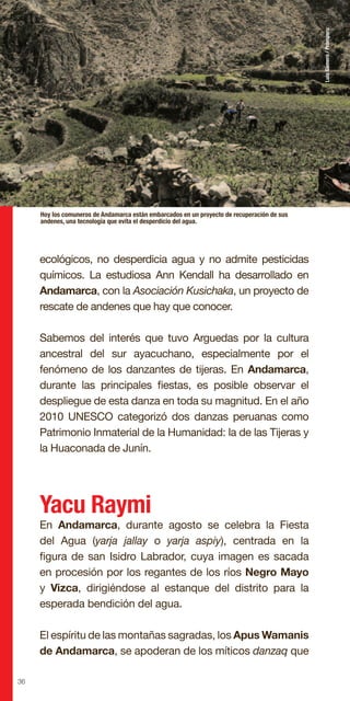 36
ecológicos, no desperdicia agua y no admite pesticidas
químicos. La estudiosa Ann Kendall ha desarrollado en
Andamarca, con la Asociación Kusichaka, un proyecto de
rescate de andenes que hay que conocer.
Sabemos del interés que tuvo Arguedas por la cultura
ancestral del sur ayacuchano, especialmente por el
fenómeno de los danzantes de tijeras. En Andamarca,
durante las principales fiestas, es posible observar el
despliegue de esta danza en toda su magnitud. En el año
2010 UNESCO categorizó dos danzas peruanas como
Patrimonio Inmaterial de la Humanidad: la de las Tijeras y
la Huaconada de Junín.
Yacu Raymi
En Andamarca, durante agosto se celebra la Fiesta
del Agua (yarja jallay o yarja aspiy), centrada en la
figura de san Isidro Labrador, cuya imagen es sacada
en procesión por los regantes de los ríos Negro Mayo
y Vizca, dirigiéndose al estanque del distrito para la
esperada bendición del agua.
El espíritu de las montañas sagradas, los Apus Wamanis
de Andamarca, se apoderan de los míticos danzaq que
Hoy los comuneros de Andamarca están embarcados en un proyecto de recuperación de sus
andenes, una tecnología que evita el desperdicio del agua.
LuisGamero/Promperu
 