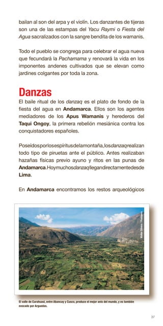 37
bailan al son del arpa y el violín. Los danzantes de tijeras
son una de las estampas del Yacu Raymi o Fiesta del
Agua sacralizados con la sangre bendita de los wamanis.
Todo el pueblo se congrega para celebrar el agua nueva
que fecundará la Pachamama y renovará la vida en los
imponentes andenes cultivados que se elevan como
jardines colgantes por toda la zona.
Danzas
El baile ritual de los danzaq es el plato de fondo de la
fiesta del agua en Andamarca. Ellos son los agentes
mediadores de los Apus Wamanis y herederos del
Taqui Ongoy, la primera rebelión mesiánica contra los
conquistadores españoles.
Poseídosporlosespíritusdelamontaña,losdanzaqrealizan
todo tipo de piruetas ante el público. Antes realizaban
hazañas físicas previo ayuno y ritos en las punas de
Andamarca.Hoymuchosdanzaqllegandirectamentedesde
Lima.
En Andamarca encontramos los restos arqueológicos
El valle de Curahuasi, entre Abancay y Cusco, produce el mejor anis del mundo, y es también
evocado por Arguedas.
WalterSilvera/Promperu
 