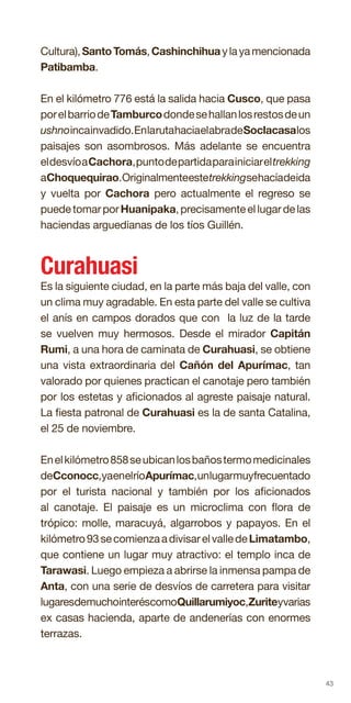43
Cultura),SantoTomás,Cashinchihuaylayamencionada
Patibamba.
En el kilómetro 776 está la salida hacia Cusco, que pasa
porelbarriodeTamburcodondesehallanlosrestosdeun
ushnoincainvadido.EnlarutahaciaelabradeSoclacasalos
paisajes son asombrosos. Más adelante se encuentra
eldesvíoaCachora,puntodepartidaparainiciareltrekking
aChoquequirao.Originalmenteestetrekkingsehacíadeida
y vuelta por Cachora pero actualmente el regreso se
puedetomarporHuanipaka,precisamenteellugardelas
haciendas arguedianas de los tíos Guillén.
Curahuasi
Es la siguiente ciudad, en la parte más baja del valle, con
un clima muy agradable. En esta parte del valle se cultiva
el anís en campos dorados que con la luz de la tarde
se vuelven muy hermosos. Desde el mirador Capitán
Rumi, a una hora de caminata de Curahuasi, se obtiene
una vista extraordinaria del Cañón del Apurímac, tan
valorado por quienes practican el canotaje pero también
por los estetas y aficionados al agreste paisaje natural.
La fiesta patronal de Curahuasi es la de santa Catalina,
el 25 de noviembre.
Enelkilómetro858seubicanlosbañostermomedicinales
deCconocc,yaenelríoApurímac,unlugarmuyfrecuentado
por el turista nacional y también por los aficionados
al canotaje. El paisaje es un microclima con flora de
trópico: molle, maracuyá, algarrobos y papayos. En el
kilómetro93secomienzaadivisarelvalledeLimatambo,
que contiene un lugar muy atractivo: el templo inca de
Tarawasi. Luego empieza a abrirse la inmensa pampa de
Anta, con una serie de desvíos de carretera para visitar
lugaresdemuchointeréscomoQuillarumiyoc,Zuriteyvarias
ex casas hacienda, aparte de andenerías con enormes
terrazas.
 