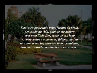 Estava eu passeando pelos jardins da praia, pensando na vida, quando me deparo com uma linda flor, sento ao seu lado e, começamos a conversar, falamos da lua que com a sua luz clareava todo o ambiente, buscamos estrelas tentando nos encontrar... 